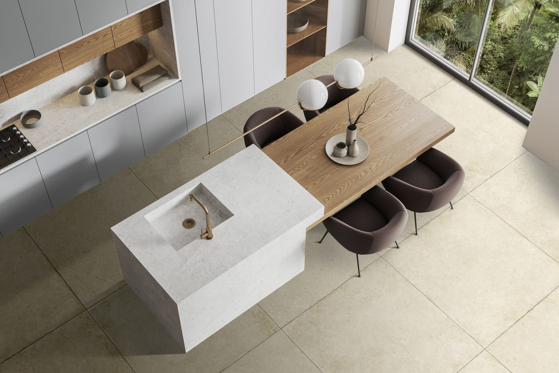 Top view of modern home kitchen interior with eating zone and dinner table